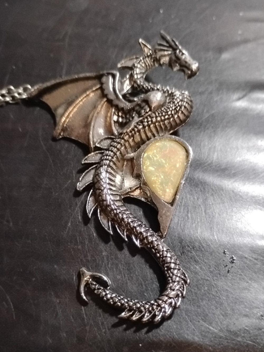 Silvertone Dragon Pendant Necklace with Opalesque Accent Fantasy Fashion Jewelry